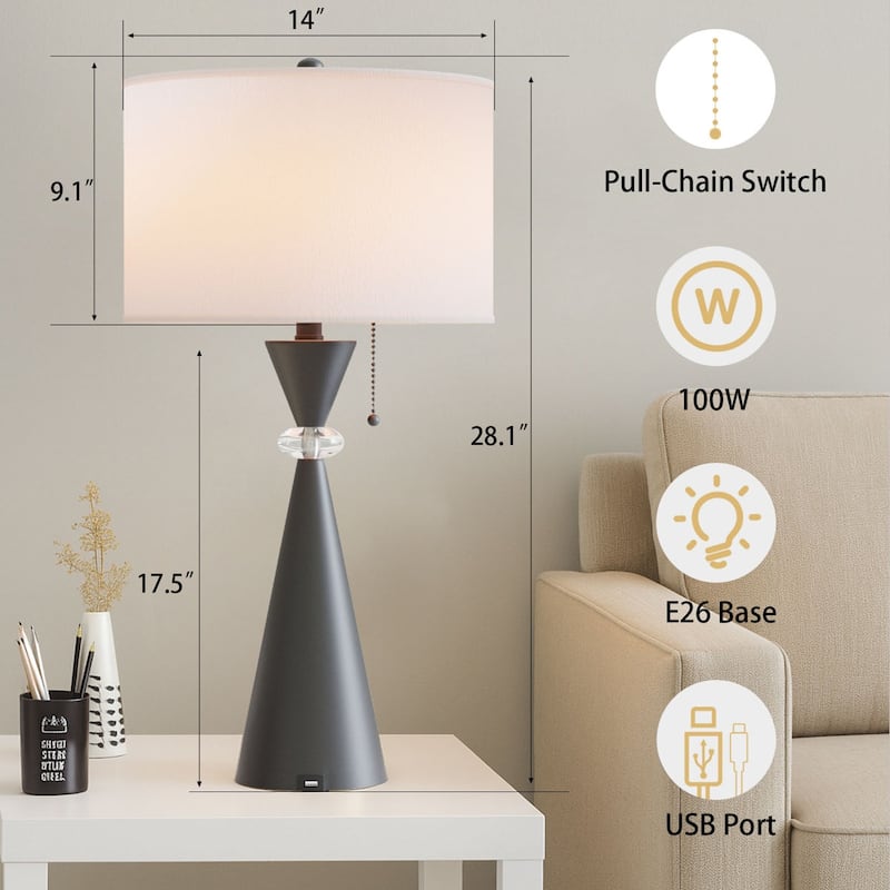 Maxax 28.25" Nickel Table Lamp Set with USB (Set of 2)