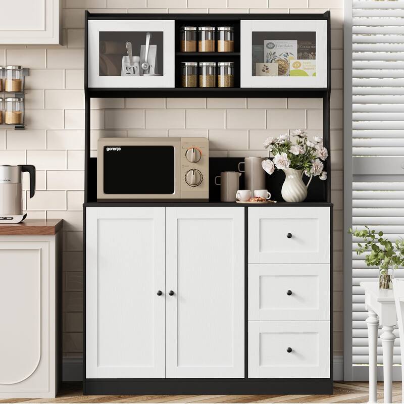 67" Tall Kitchen Hutch Storage Cabinet, Farmhosue Coffee Bar Cabinet with 3 Drawers