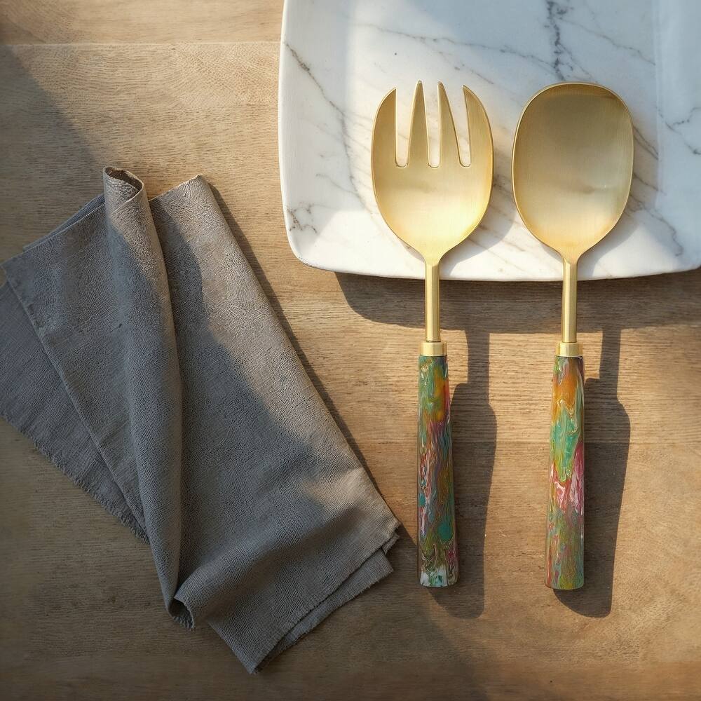 2-Piece Stainless Steel Salad Servers with Marbled Resin Handles - 10.5"L x 2.5"W x 1.0"H