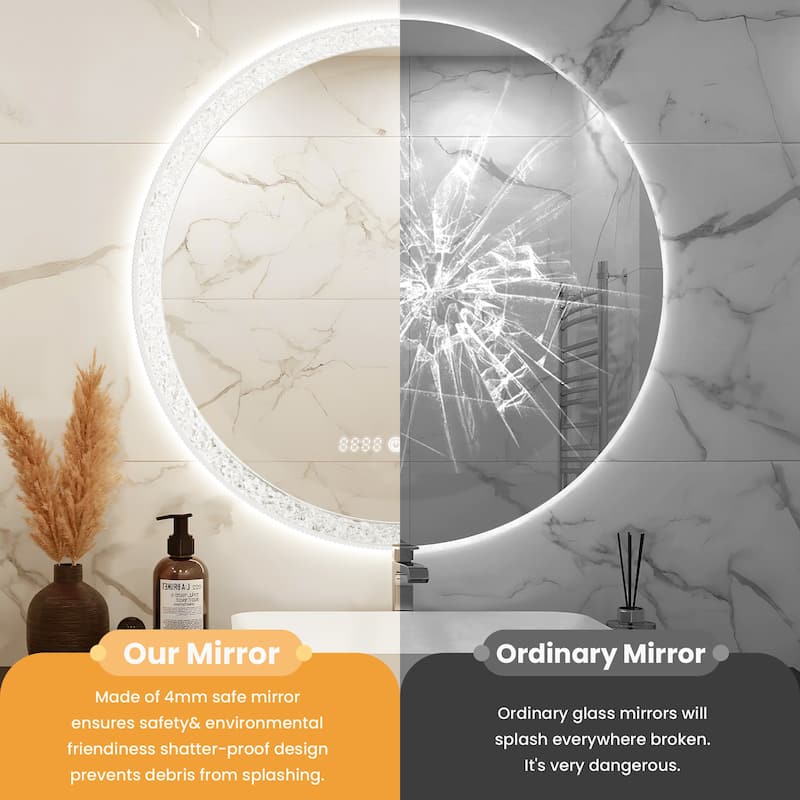Smart Round Bathroom Mirror with LED Ring Light, Touchscreen, Anti-Fog, and Dimmable Brightness