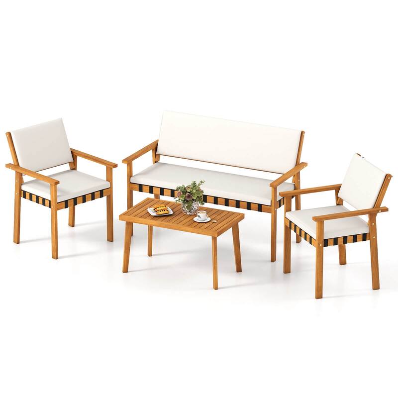 Costway 4 PCS Wood Furniture Set with Coffee Table Seat Back Cushions - See Details