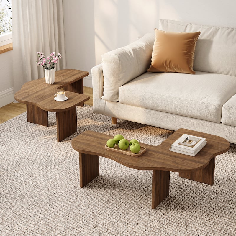 Mid-Century Modern Irregular Cloud 2-Piece Modular Coffee Table - Brown Wood, Living Room Center Table