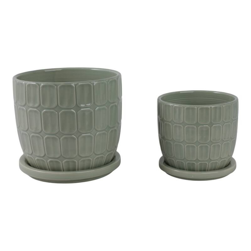 Stoneware Saucer Planters with Embossed Geometric Texture (Set of 2)