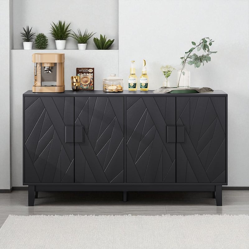 55.4" Modern Buffet Sideboard Cabinet with Geometric Solid Wood Doors and Adjustable Shelves - Entryway Storage Unit - Black