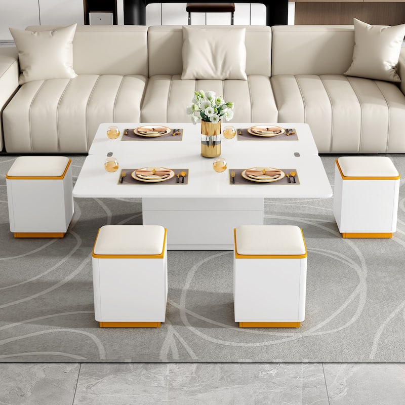Modern Lift-Top Coffee Table with 4 Storage Stools,with Foldable Top