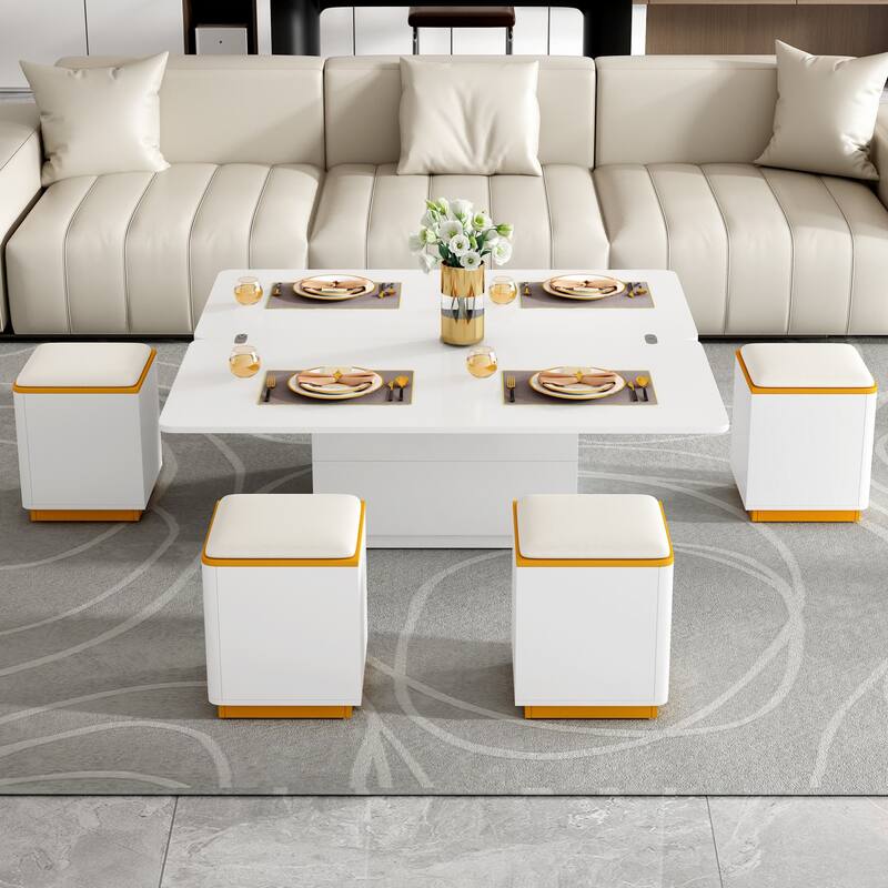 Multi-Functional Lift-Top Coffee Table with 4 Storage Stools,with Foldable Top,for Living Room