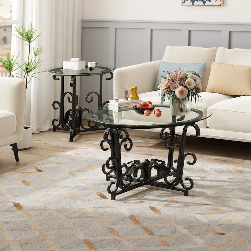 3-Piece Coffee Table Set,Tempered Glass Surface with Sturdy Metal Frame-Modern Living Room Sets(1 Coffee Table + 2 End Tables)