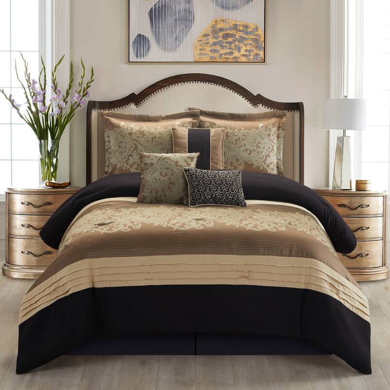 Nanshing Salem Damask Jacquard 7-Piece Comforter Set - Black/Gold - California King