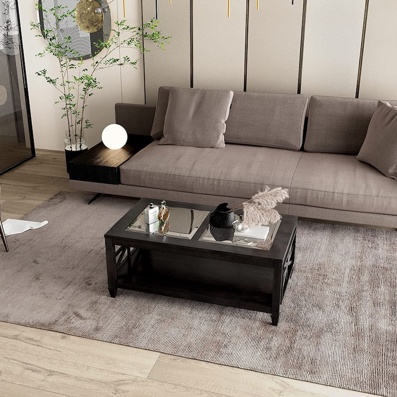 2-Tier 45.5" X 26" Solid Wood Coffee Table Tempered Glass Top