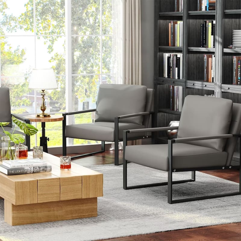 Eureka Modern Vintage Upholstered PU Leather Armchairs, Mid Century Accent Chairs with Steel Frame, Leisure Chairs (Set of 2)