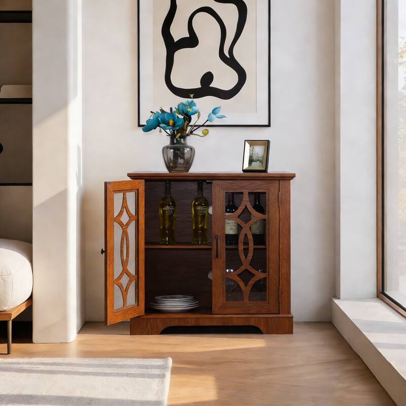 Anmytek Dark Oak Storage Sideboard Buffet Cabinet with Glass Doors & Adjustable Shelf for Dining Kitchen Living Room