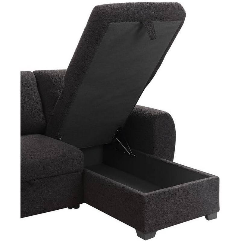 Ica 95 Inch Sleeper Sectional Sofa with Storage Chaise, Black Teddy Fleece