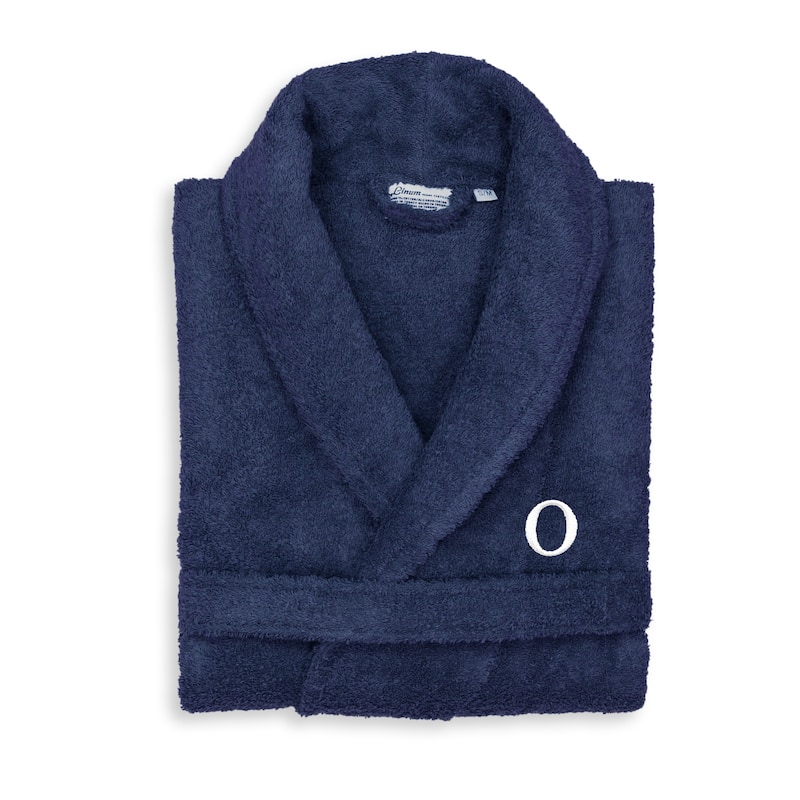 Authentic Hotel and Spa Unisex Navy Blue Turkish Cotton Terry Bath Robe with White Block Monogram - L/XL - O