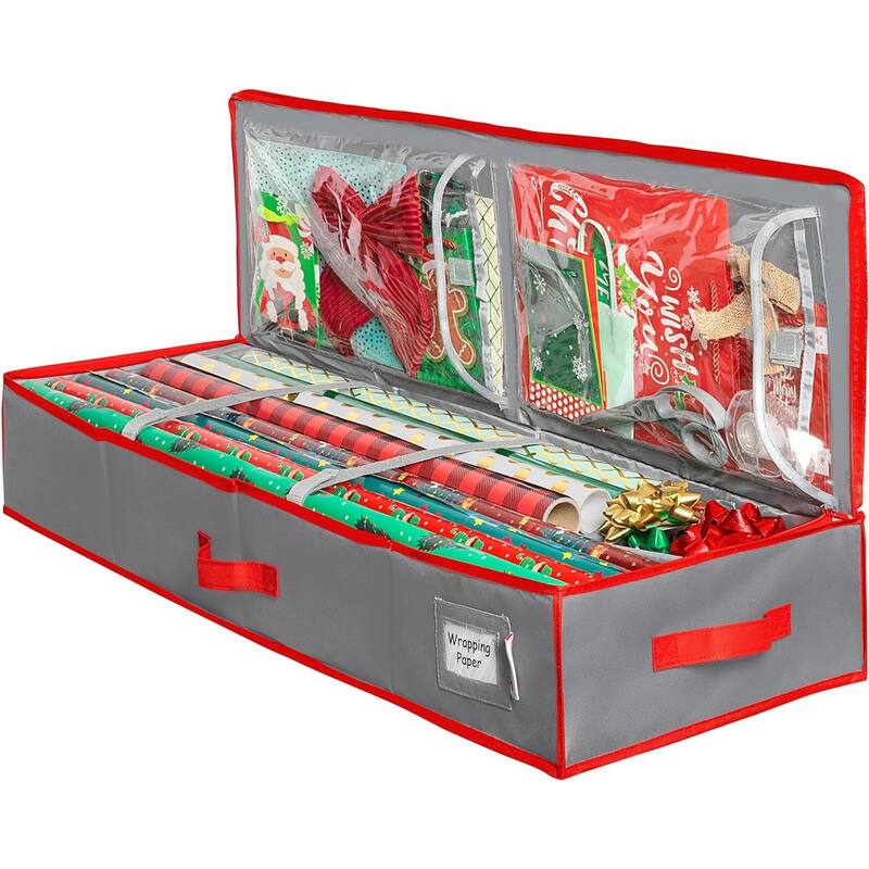 Hold N' Storage - Wrapping Paper Storage Container. Fits up to 27 Rolls 1.37" Diam. - Grey/Red