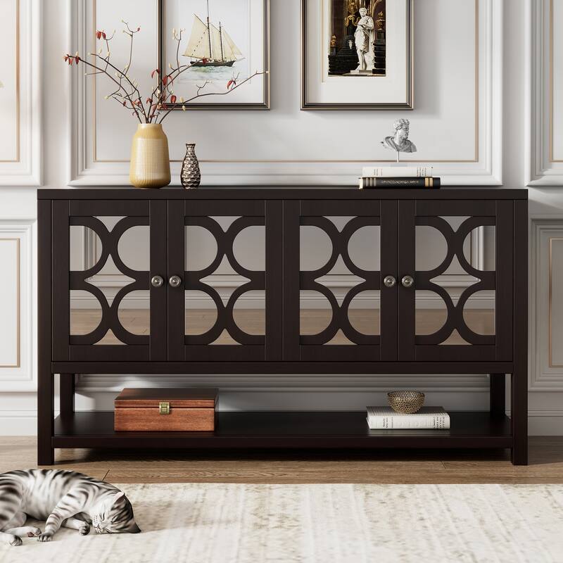 Console Table Storage Cabinet with Mirrored Doors, Spacious Open Shelves, Wooden Buffet Accent Sideboard with Acacia Wood Legs
