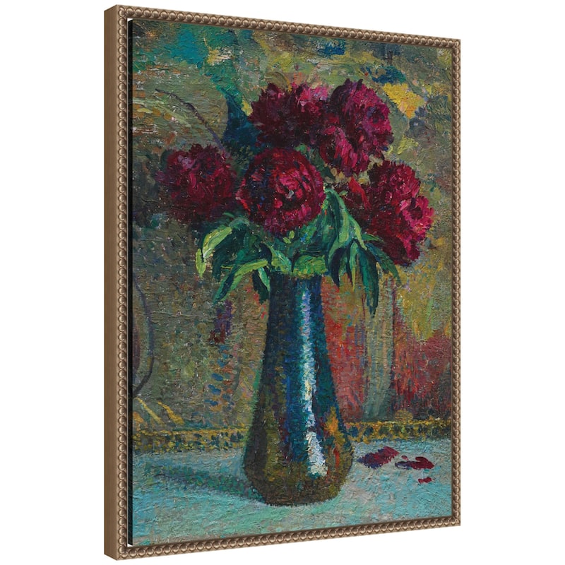 Kate and Laurel Pivoines rouges dans un vase Dalpayrat by Henri Martin by Nostalgia Prints Framed Canvas Wall Art Print - 18x24