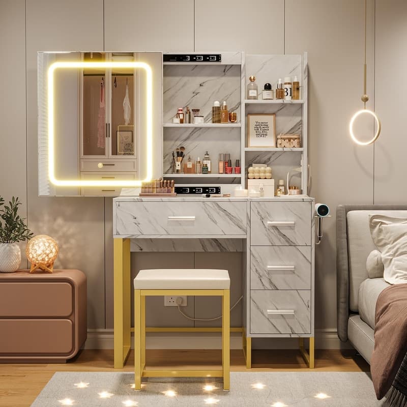 Makeup Vanity with Sliding LED Mirror, Charging Station, Drawers, Shelves & Stool - Marble White