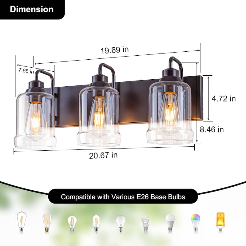 Starsky Modern Farmhouse 3‑Light Vanity Wall Light with Clear Decorative Glass Shades, E26 Bulb Base, Oil Rubbed Bronze Finish