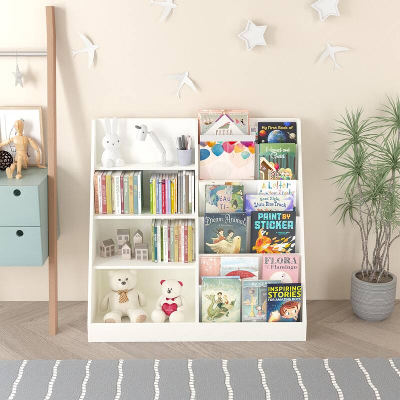 Kids Bookshelf and Toy Storage Organizer, Multifunctional 4 Tier Wooden Kids Book Shelf with Bookcase Display Stand