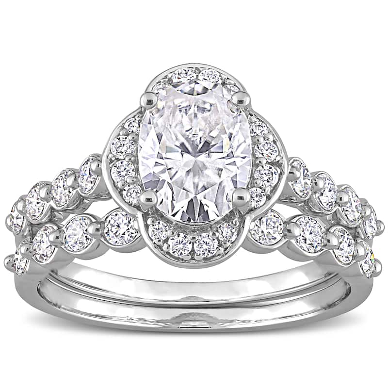 Miadora 1 7/8ct DEW Oval-cut Moissanite Floral Halo Bridal Ring Set in Sterling Silver