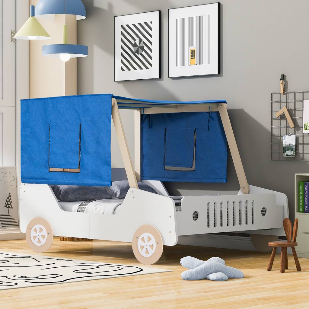 Wooden Full Size Jeep-Shaped Bed with Tents