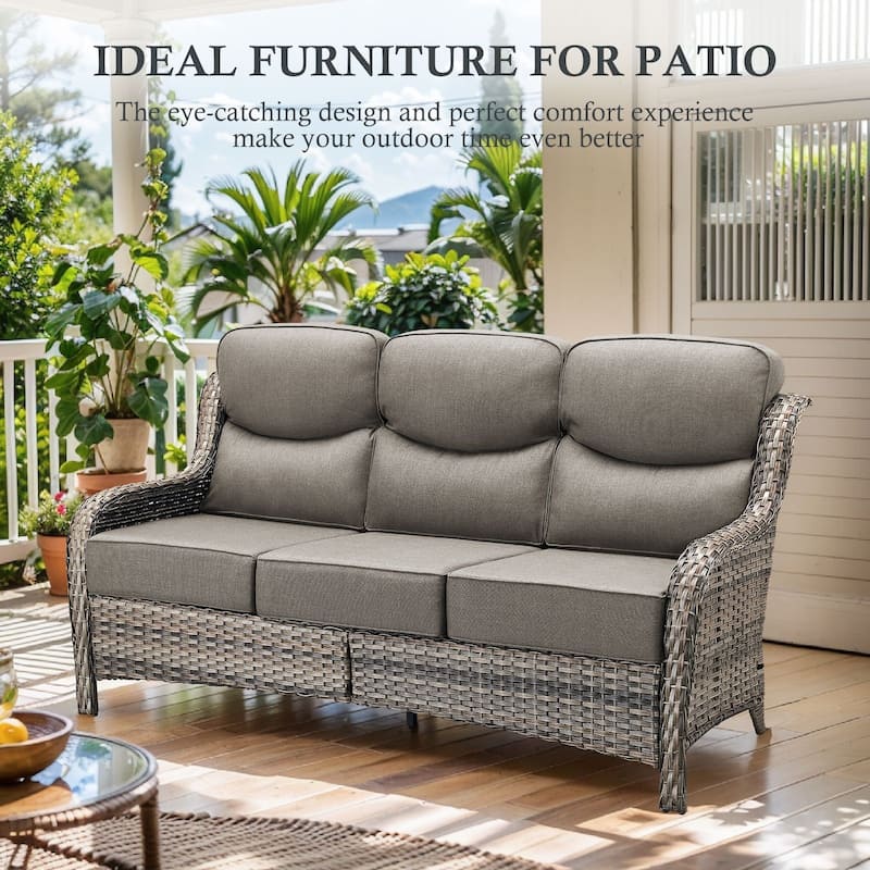 Arcadia 3-Seat Wicker Patio Sofa with 6-Inch Thick Cushions and 2 Ottomans