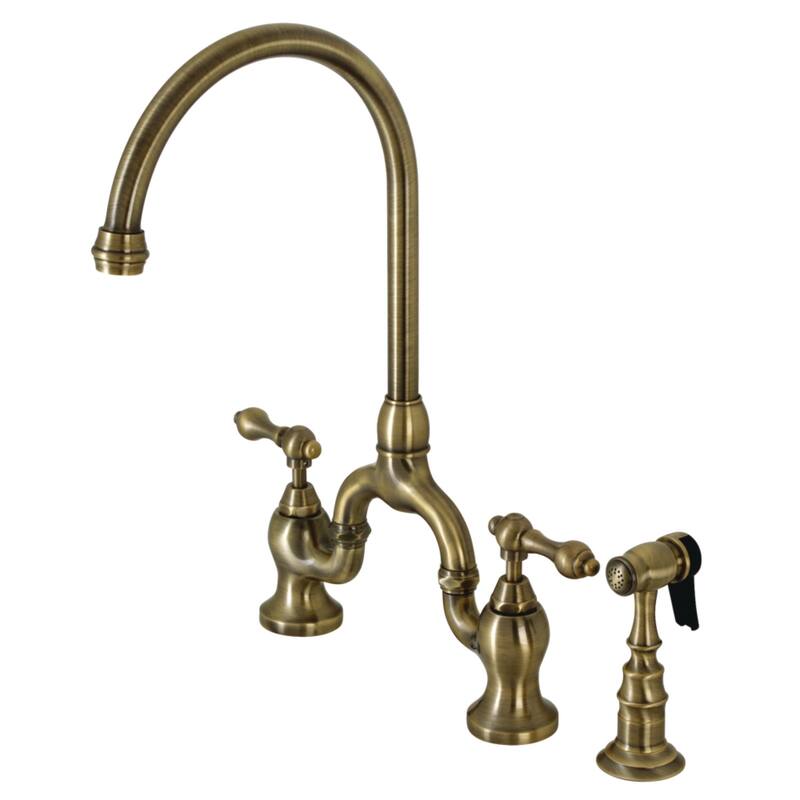 Kingston Brass English Country Bridge Kitchen Faucet with Brass Sprayer - Antique Brass