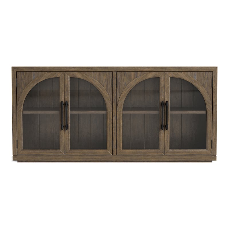 Furniture of America Lenn Modern Farmhouse Oak Wood 4-Door Server with Glass Doors