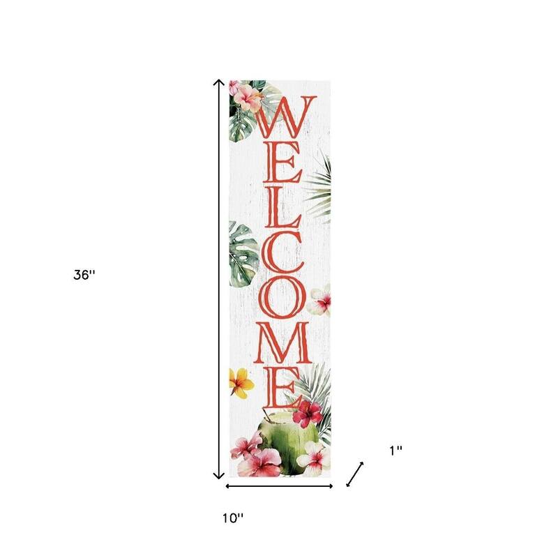 HomeRoots 36" Pink And White Solid Wood Tropical Floral Welcome Porch Sign