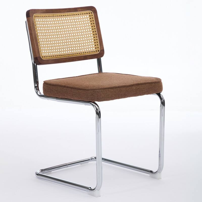Mid Century Modern Dining Chairs Set of 2, Natural Cane Back & Stainless Chrome Base, Upholstered Rattan Kitchen Chairs