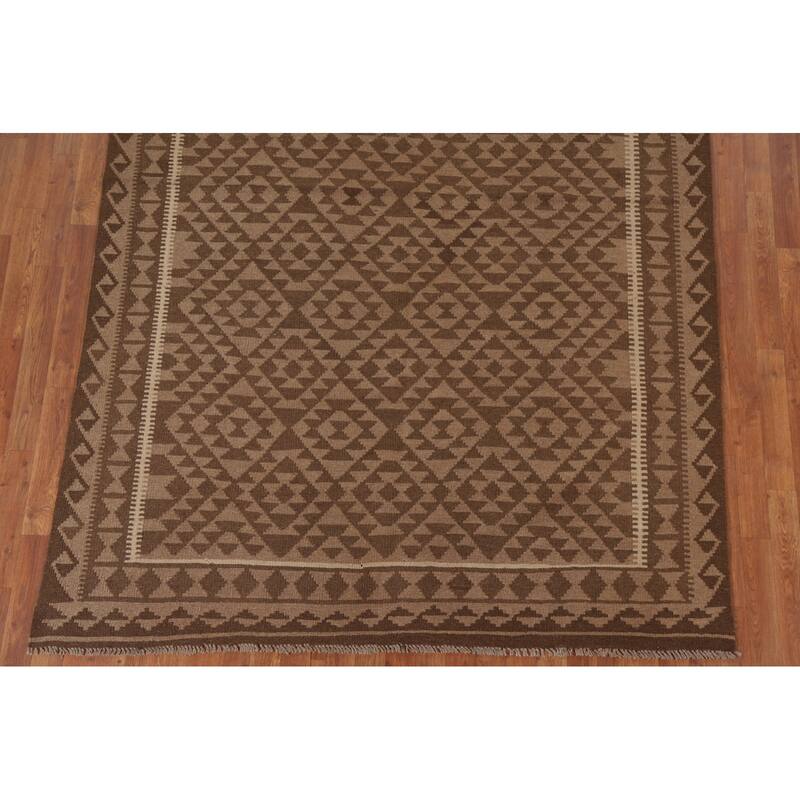 Hand Woven Oriental 100% Wool Carpet Southwestern Geometric Brown Kilim Area Rug - 9' 6'' X 6' 4''