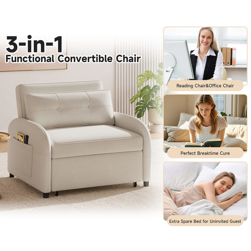 3-in-1 Convertible Sleeper Sofa Bed with Pillow & Pocket, Loveseat Sleeper Chair in Soft Cotton Linen, for Living Room