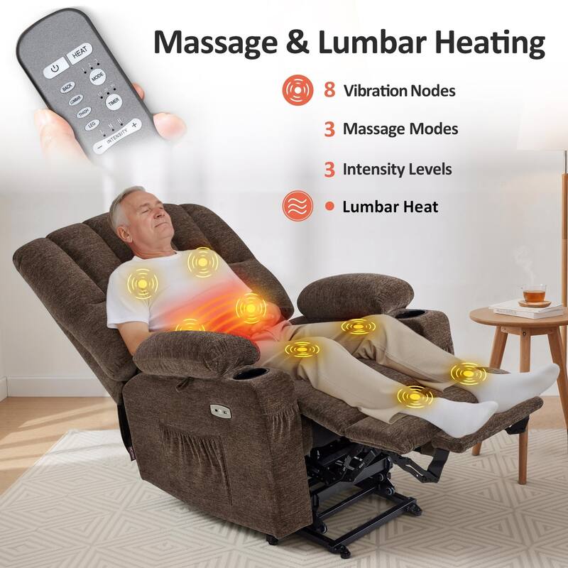 Power Lift Recliner Chair for Elderly, Massage and Heat, Faux Leather & Fabric