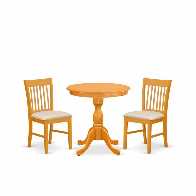 East West Furniture 3 Piece Modern Dining Table Set- a Round Wooden Table and 2 Dining Chairs, (Seat & Finish Options)