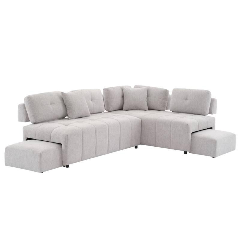 91.73" L-Shaped 4 Seater Sectional Sofa with 2 Hidden Stools, 2 Removable Lumbar Pillows, and Durable Chenille Upholstery