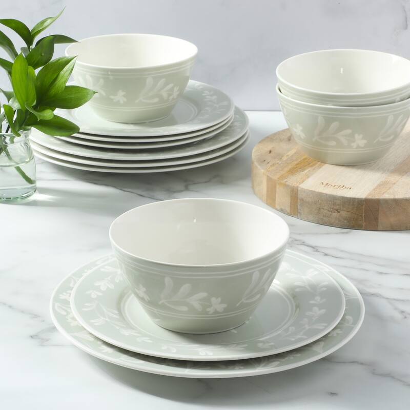 Martha Stewart Maiden Crown 12-Piece Dinnerware Set - Vegan Bone China Ceramic Plates & Bowls - Floral Design - Service for 4