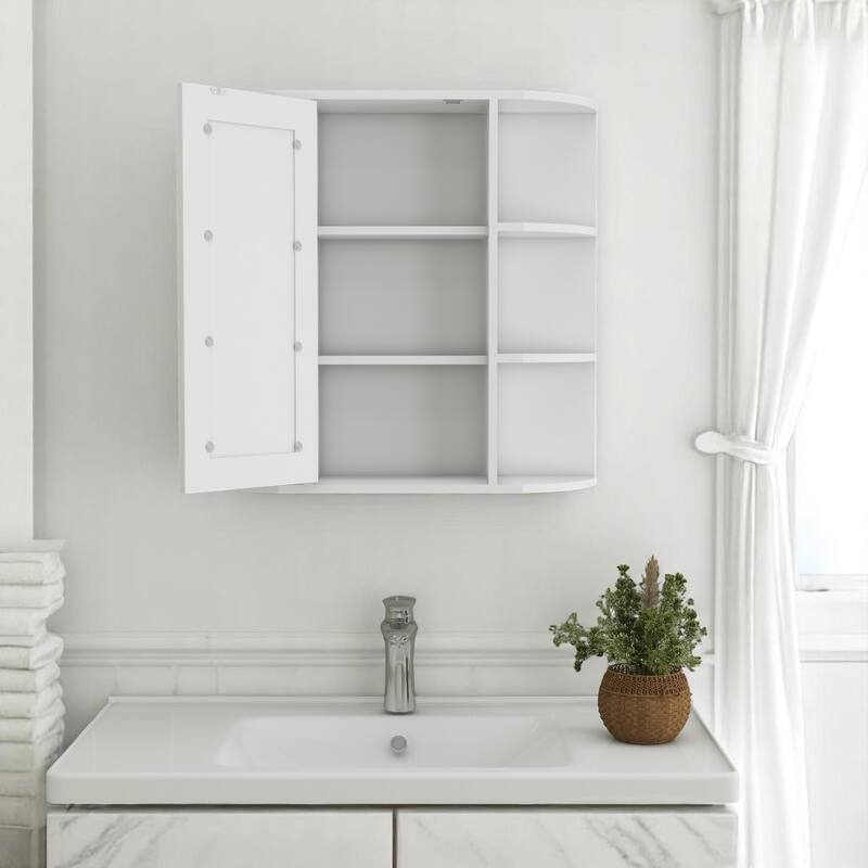 Wall Mounted Bathroom Mirror Cabinet, White Medicine Cabinet with 6 Open & 3 Adjustable Shelves, UV Finish