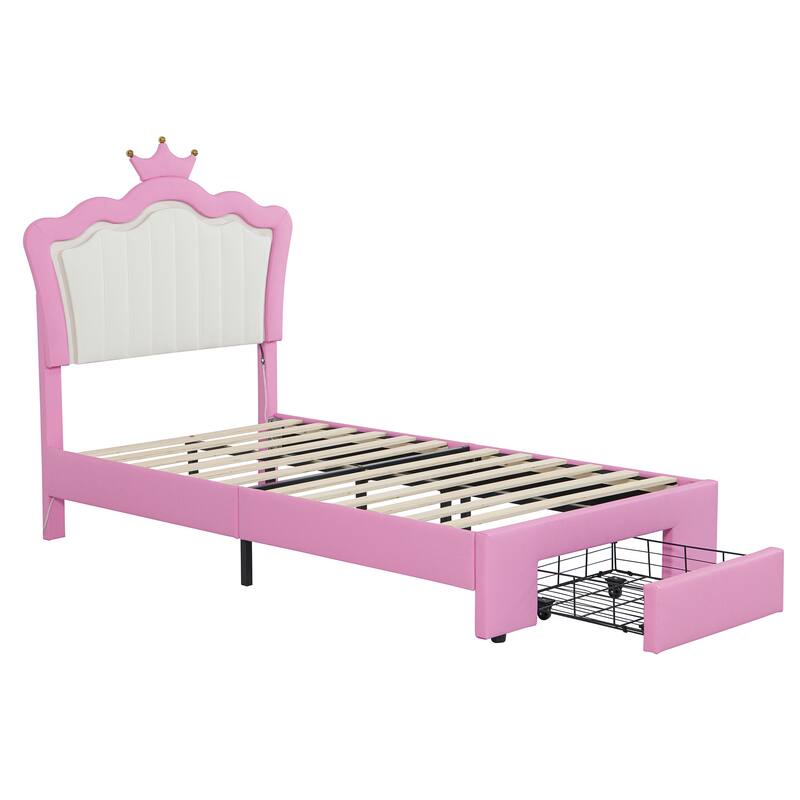 Twin Size Upholstered Bed Frame with LED Lights, Crown Headboard, and Drawer in Pink and White