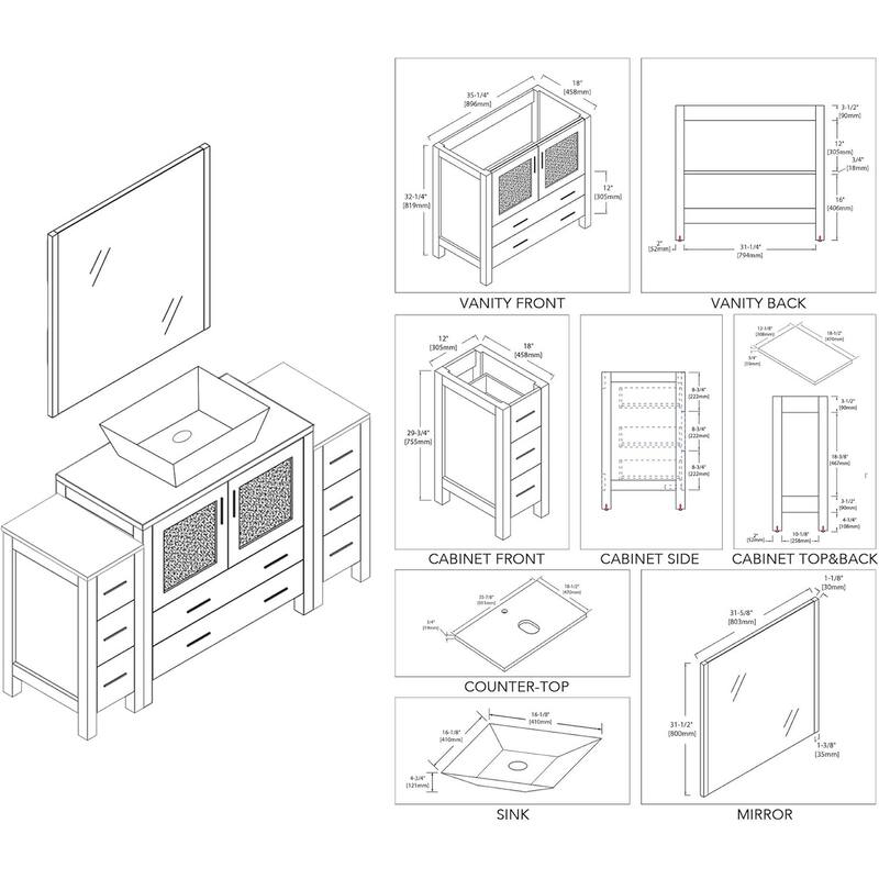 Blossom Sydney 60 Inch Bathroom Vanity with 2 Side Cabinets & Mirrors