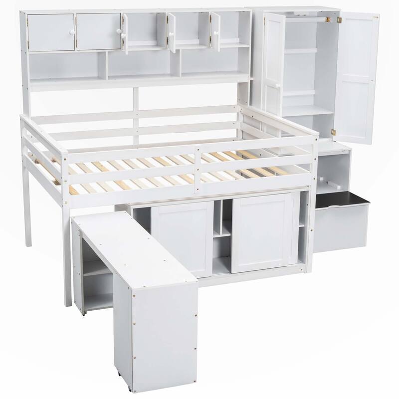 Full Size Wooden Loft Bed Big Storage with Under bed Desk