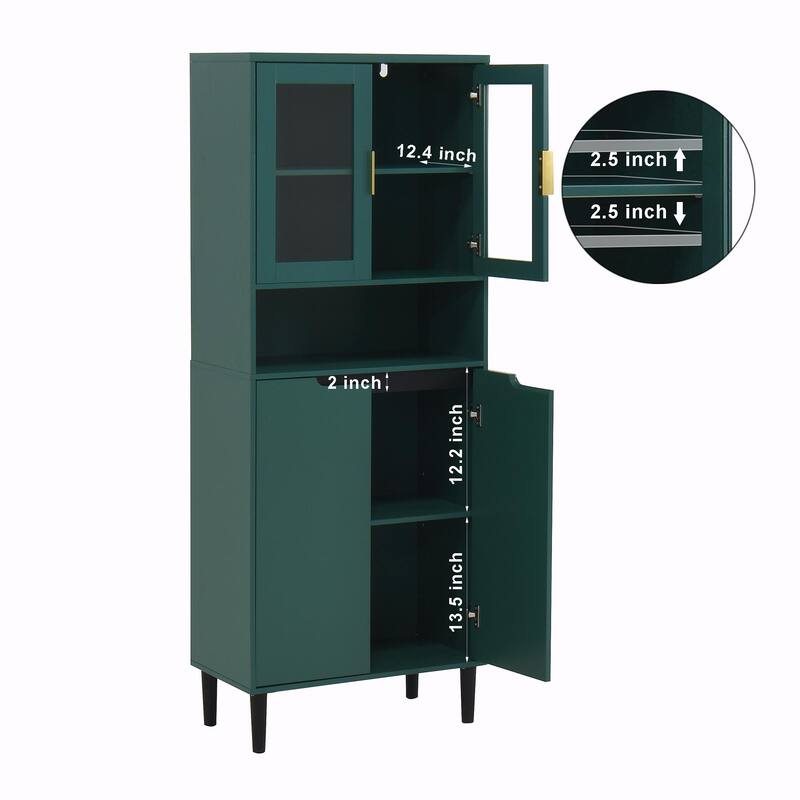 Tall Kitchen Pantry Cabinet with 2 Glass Display Doors & 2 Solid Doors