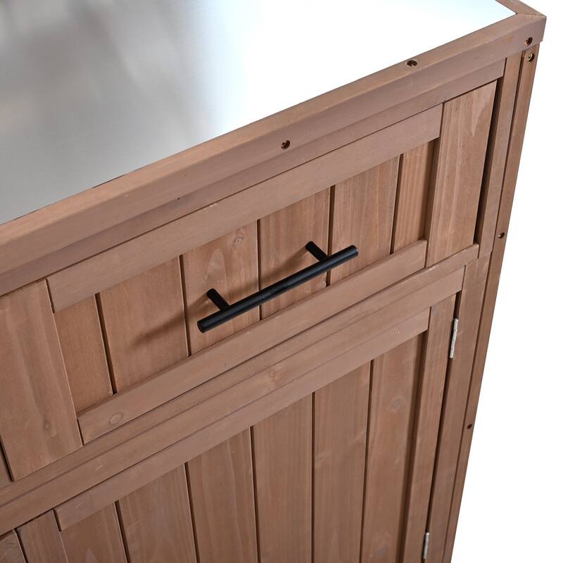 Solid Wood 64.9''Tall Outdoor Kitchen Island Kitchen Cart, Garden Potting Bench with Stainless Table Top for BBQ