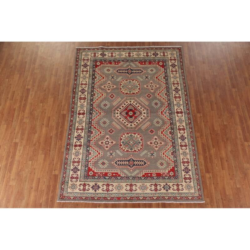 Hand Knotted Oriental 100% Wool Carpet Traditional Geometric Brown Kazak Area Rug - 9' 5'' X 6' 7''
