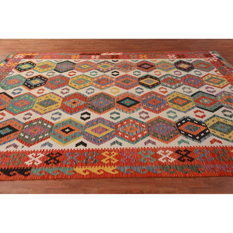 Geometric Kilim Oriental Area Rug Hand-Woven Reversible Wool Carpet - 8'8"x 11'2"