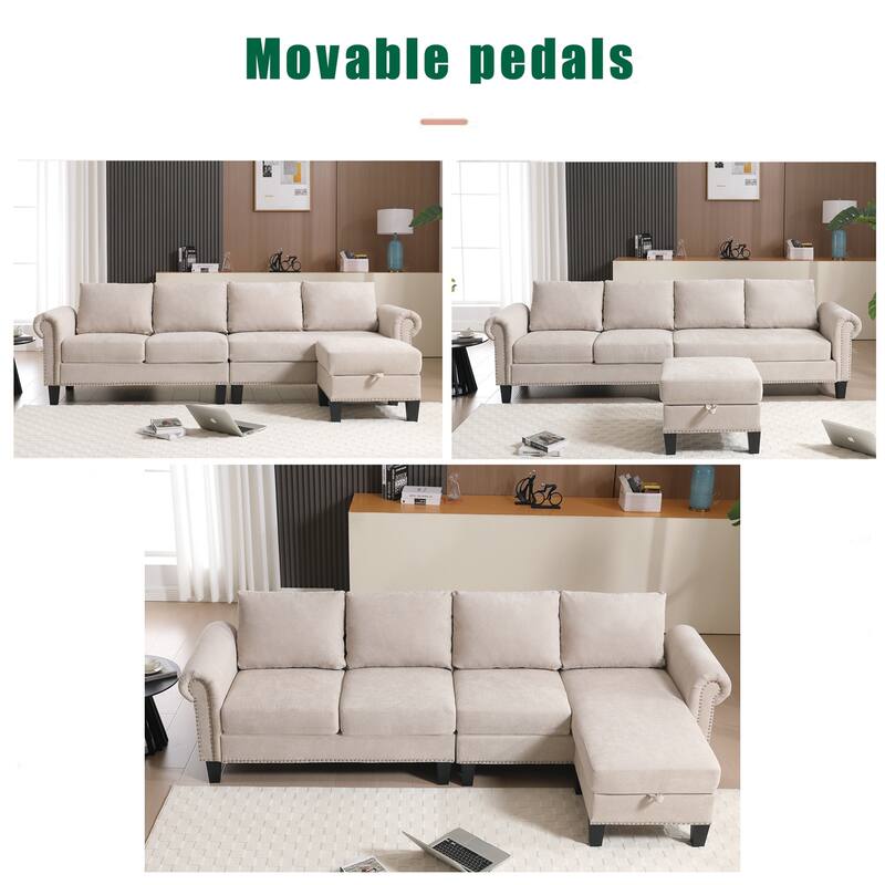 Convertible L-shaped Linen Fabric Sectional Sofa with Storage