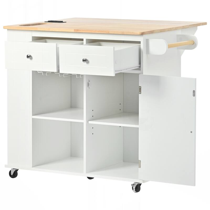 Kitchen Island with Power Outlet,Kitchen Storage Island with Drop Leaf and Rubber Wood,Open Storage and Wine Rack