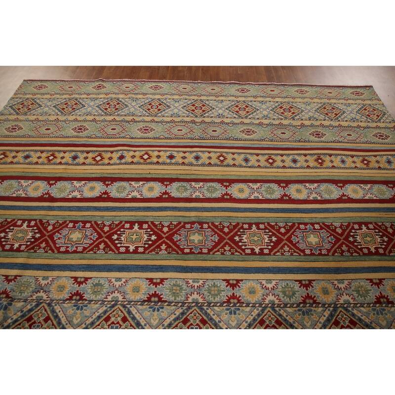Striped Kazak Geometric Area Rug Wool Carpet - 9'10" x 12'9"