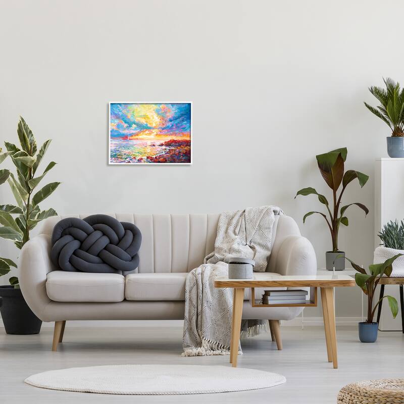 Stupell Mediterranean Sunset Ocean Coast Framed Giclee Art Design by Leon Devenice
