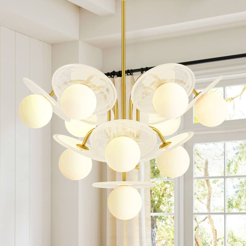 29.1" W 10-Light Mid-Century Chandelier with Cloud Glass Discs and Opal Globes in Brushed Gold