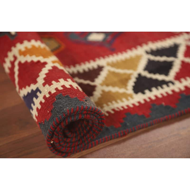 Geometric Kilim Qashqai Persian Vintage Rug Hand-Woven Wool Carpet - 5'2" x 7'7"